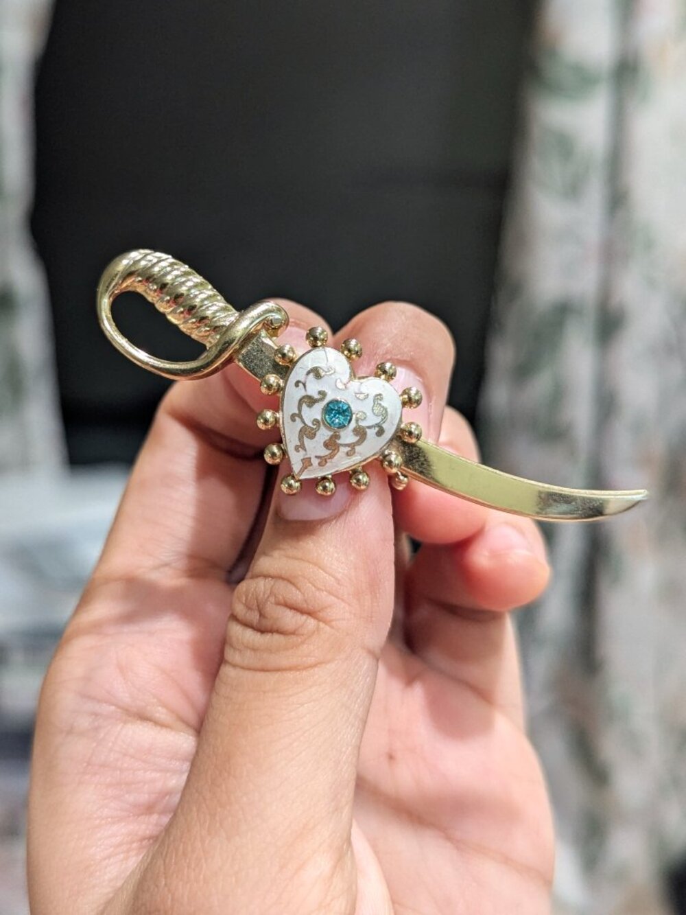 Vintage Coro Enamel Heart Blue Rhinestone Sword Brooch
